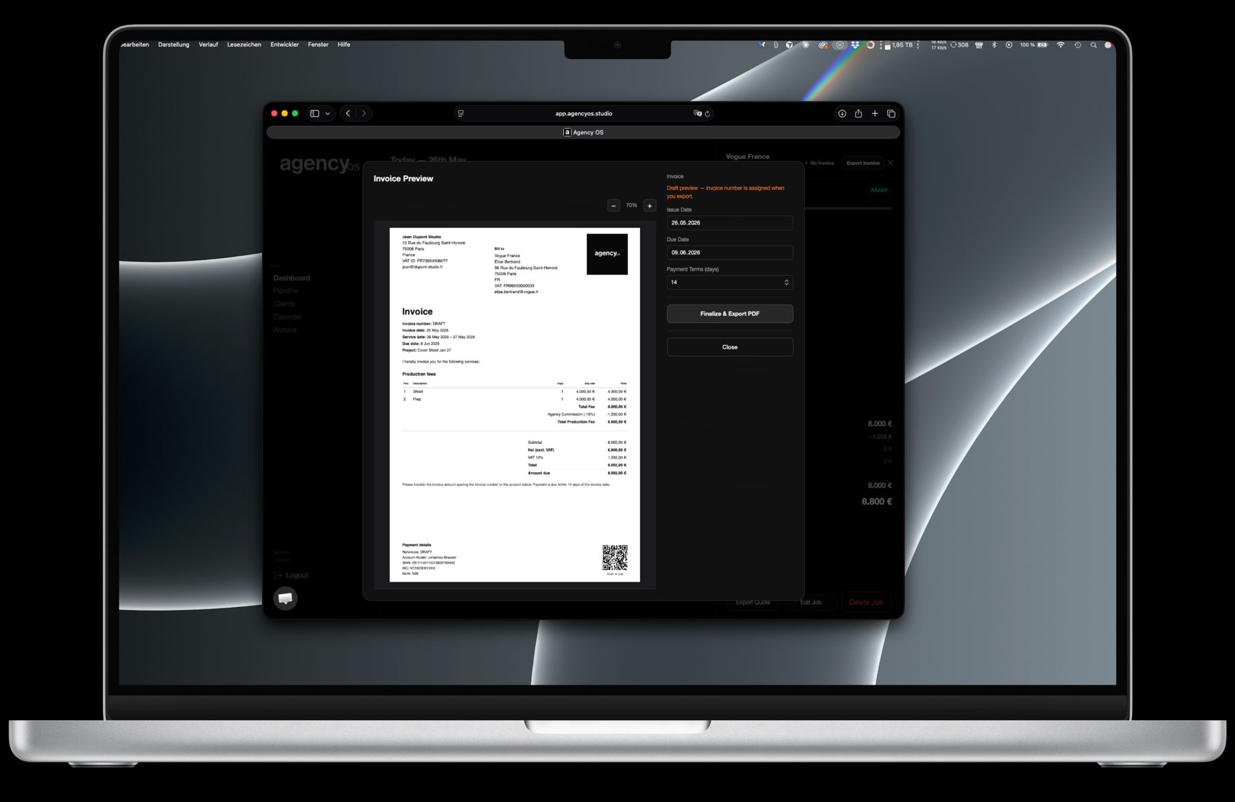 An invoice for a Paris client, built in Agency OS