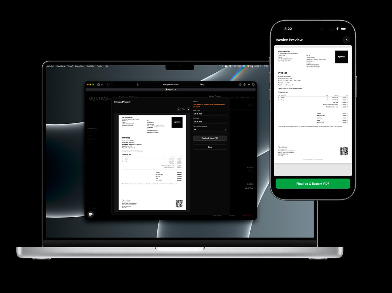 Agency OS on desktop and mobile, exporting the same invoice
